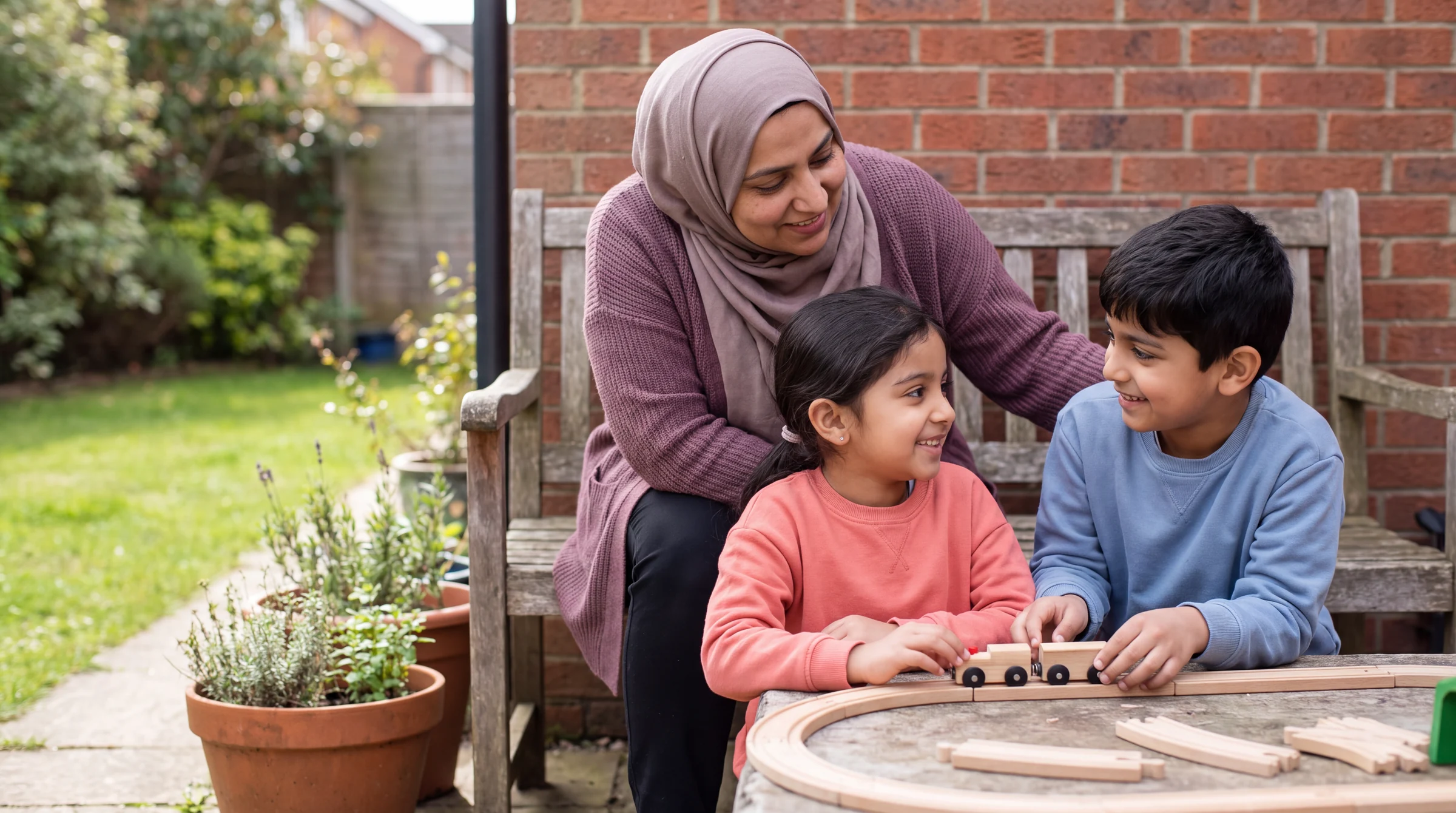 Two children playing with a wooden train in a garden with a woman nearby.