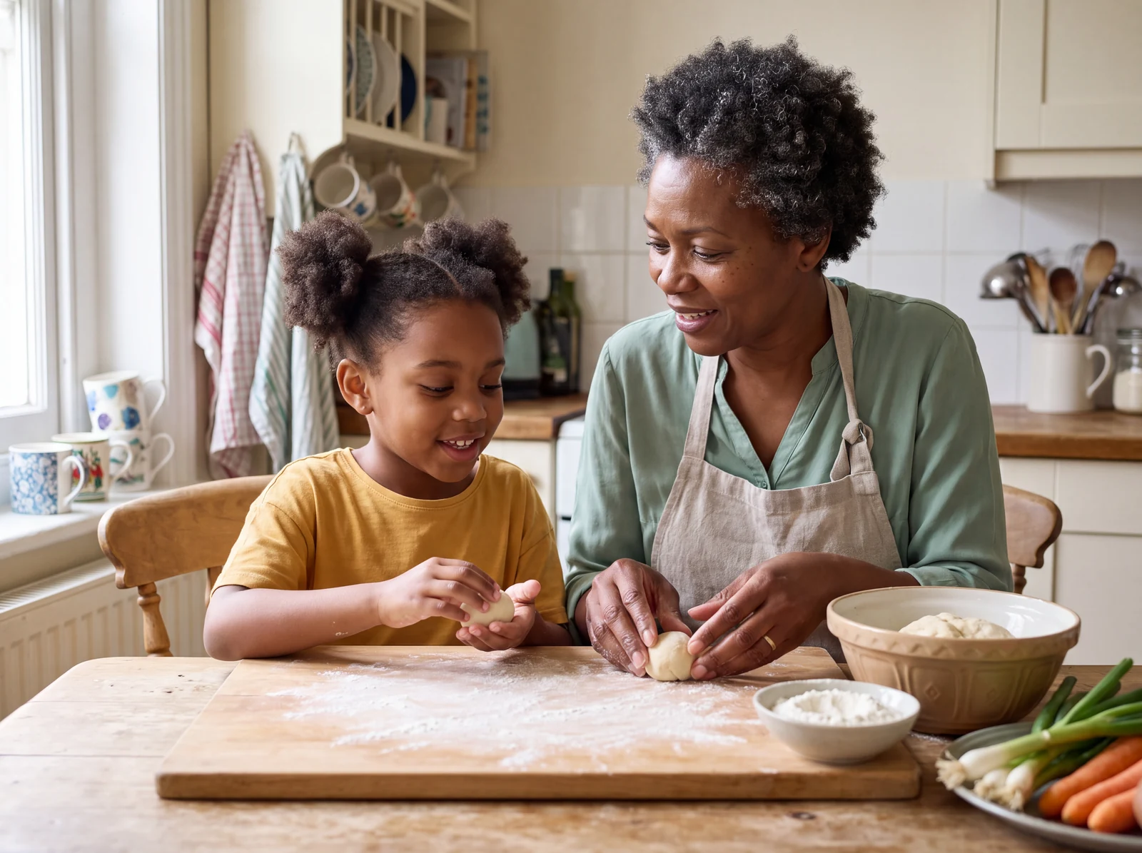 A woman and a girl shaping dough together at a kitchen table.