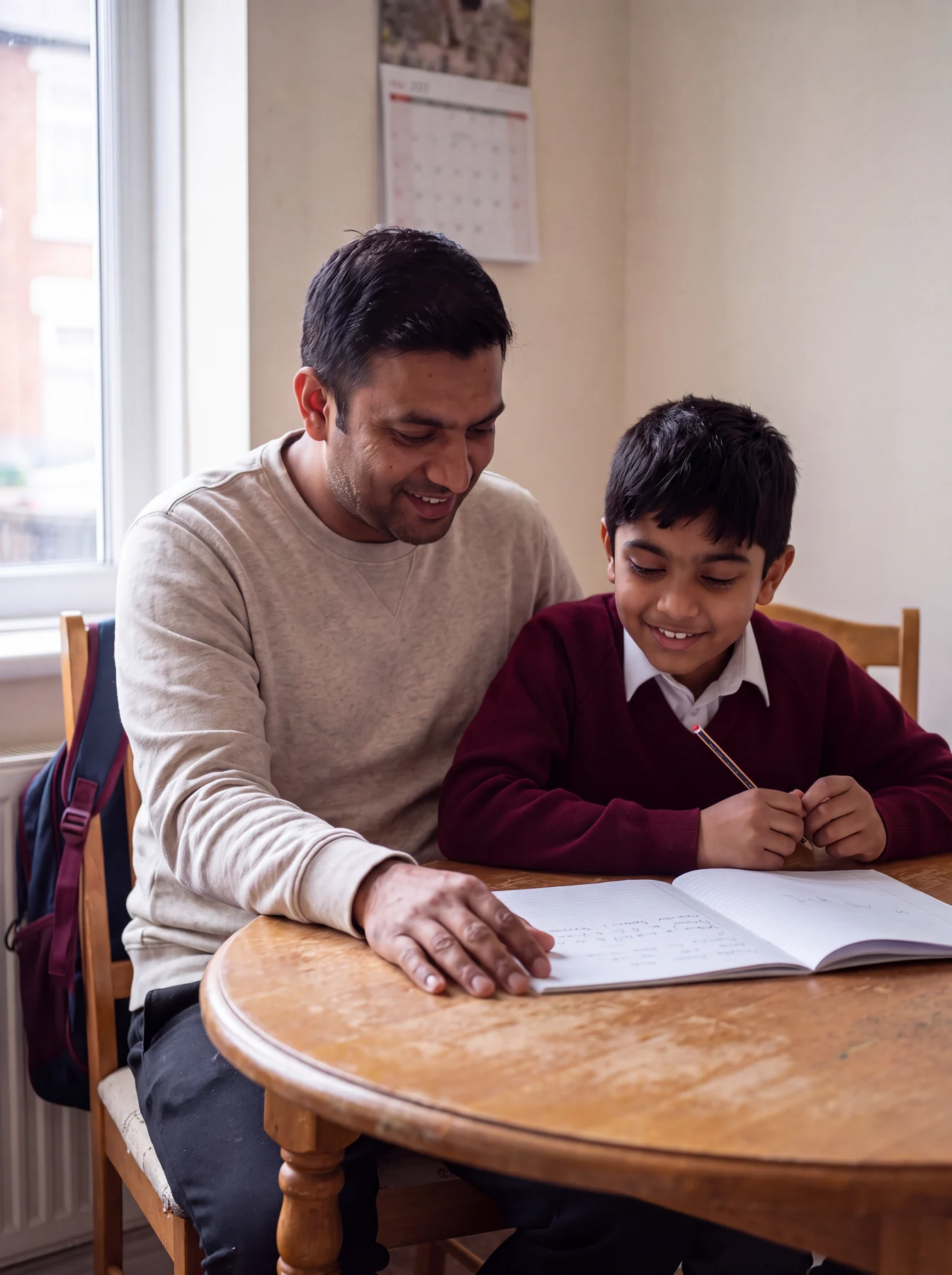 A man and a boy looking at an exercise book together at home.