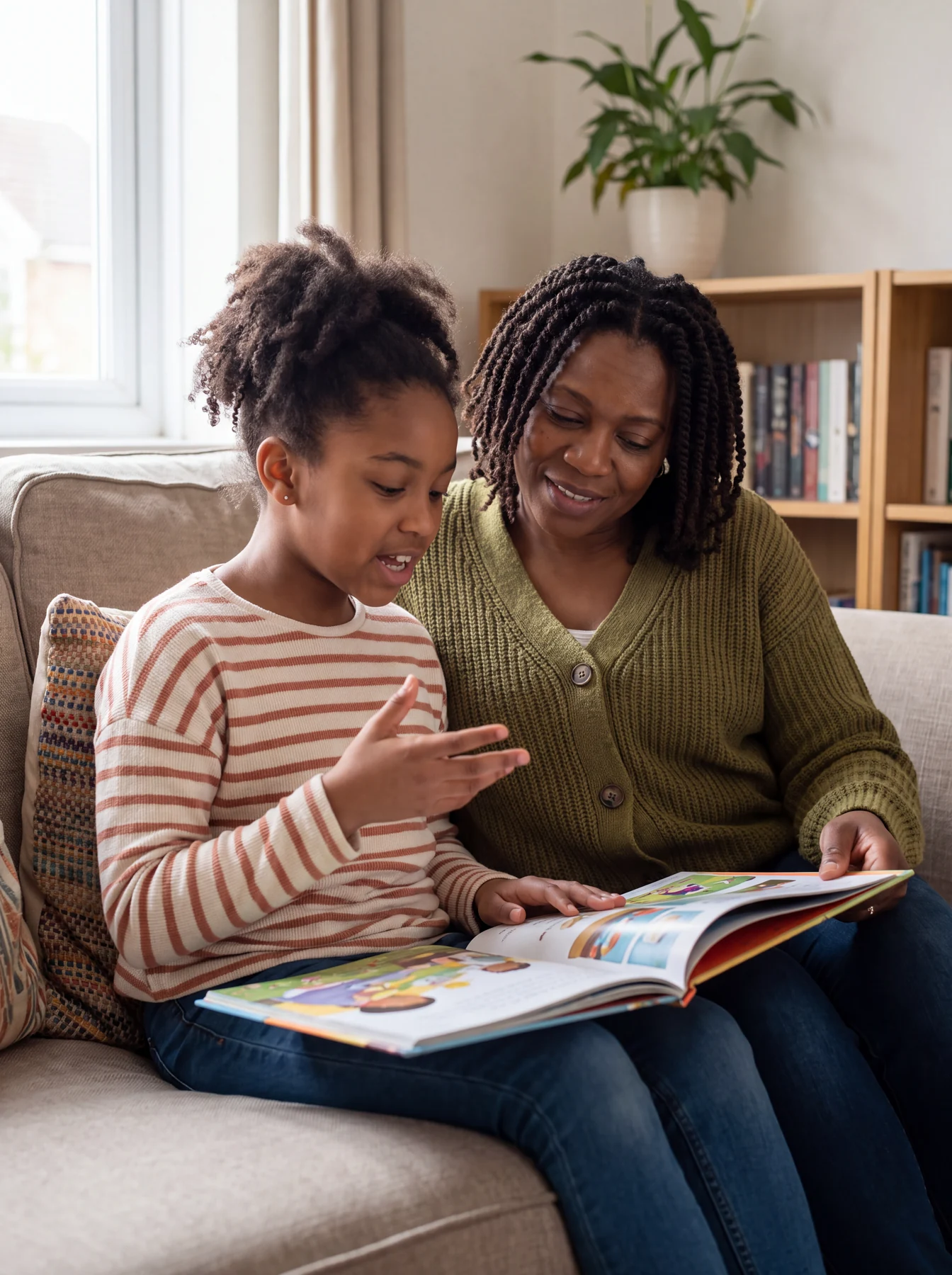 A woman and a girl sharing a picture book on a sofa.