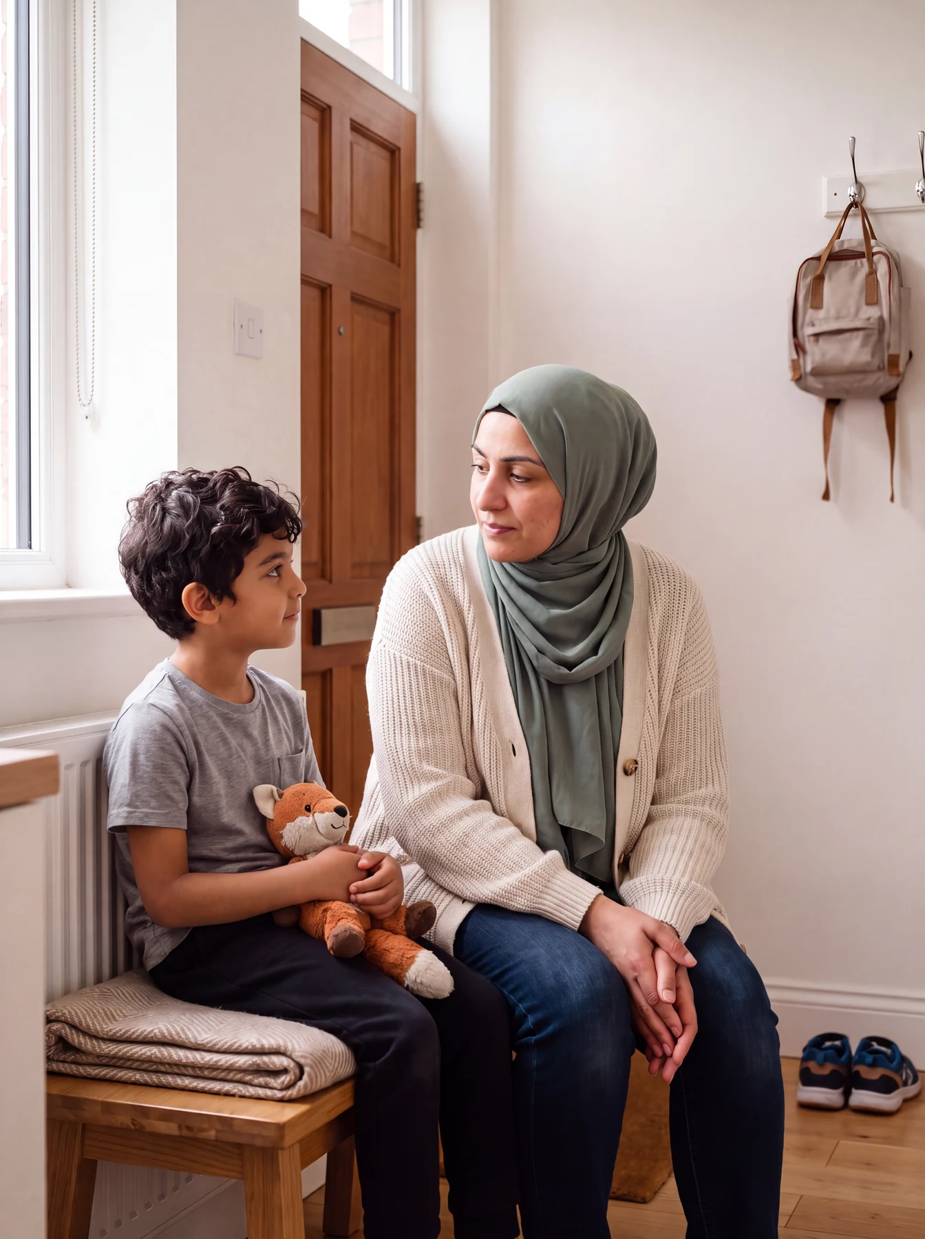 A woman and a boy holding a toy fox talking on a hallway bench.