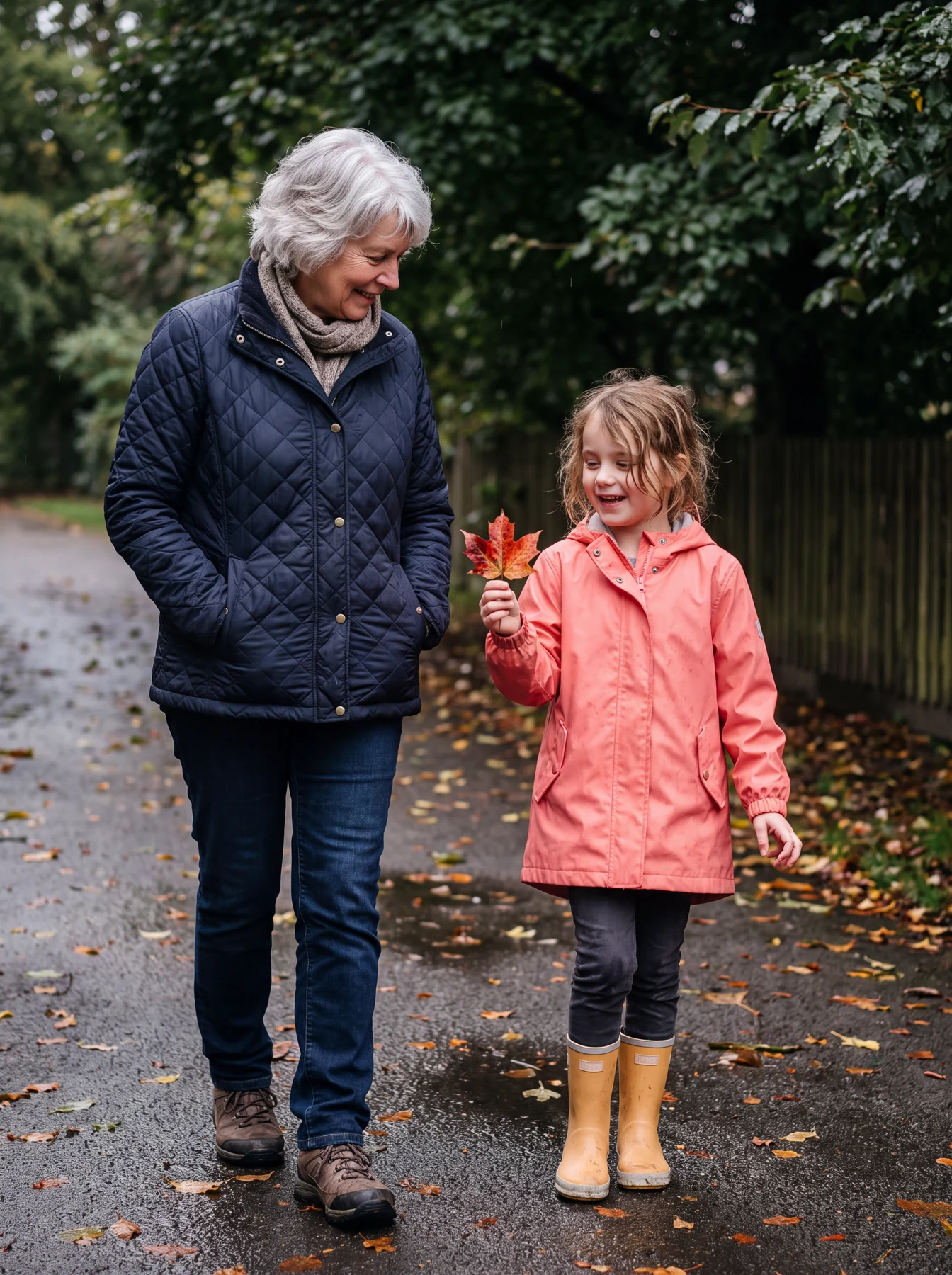 A girl showing an autumn leaf to a woman in a park.