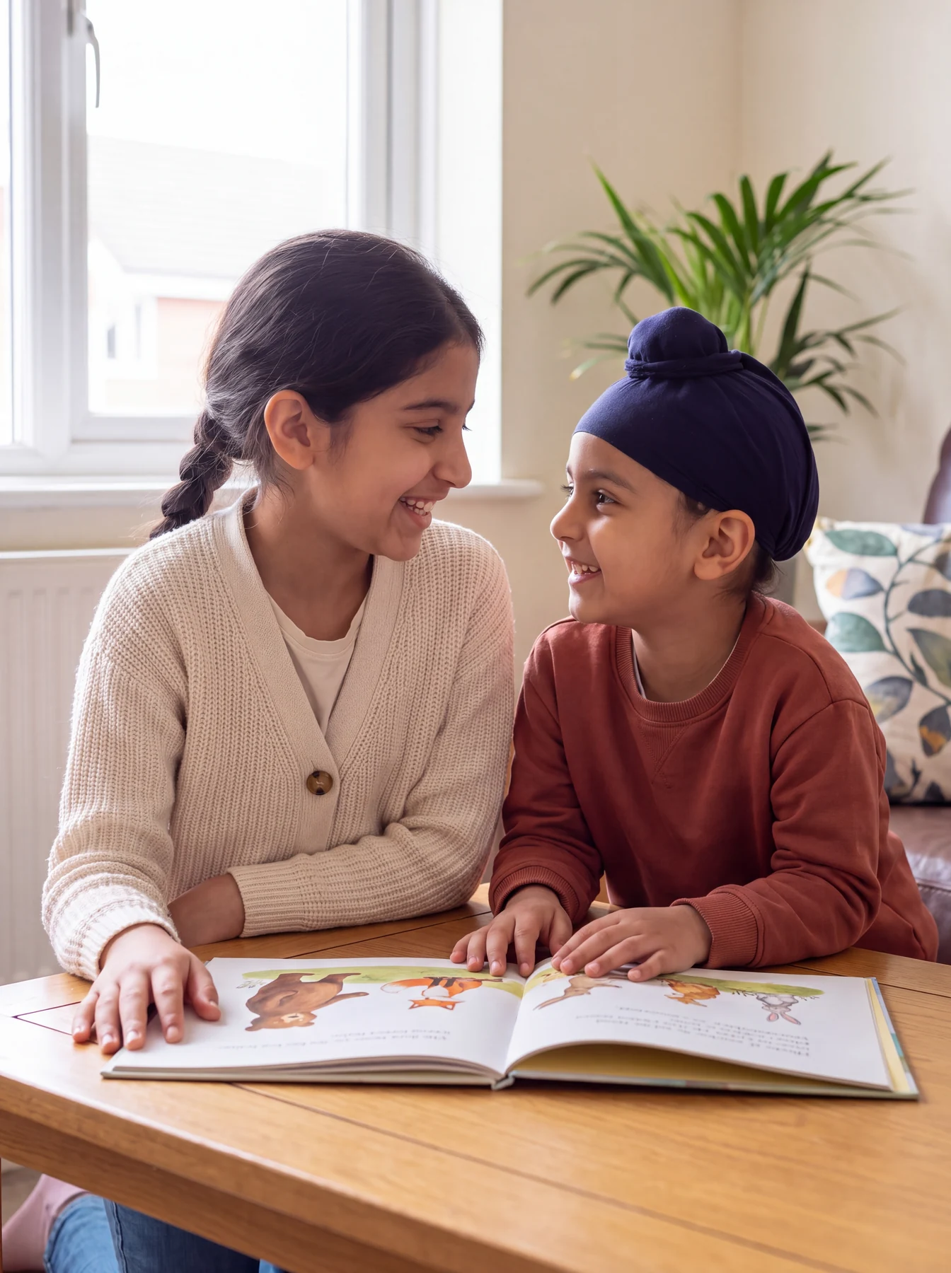 Two children smiling together over a picture book at a table.