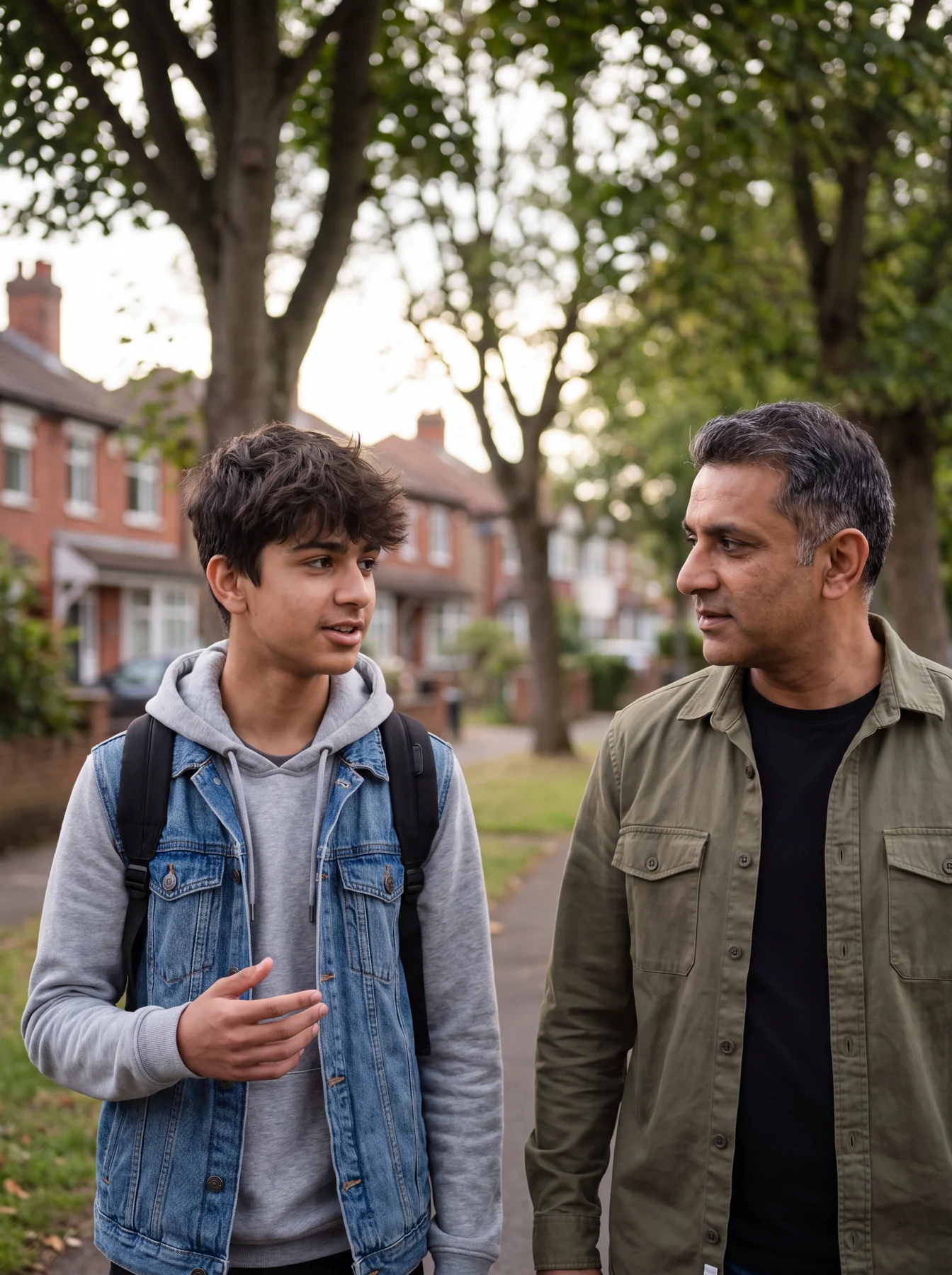 A teenager and a man talking as they walk outdoors.