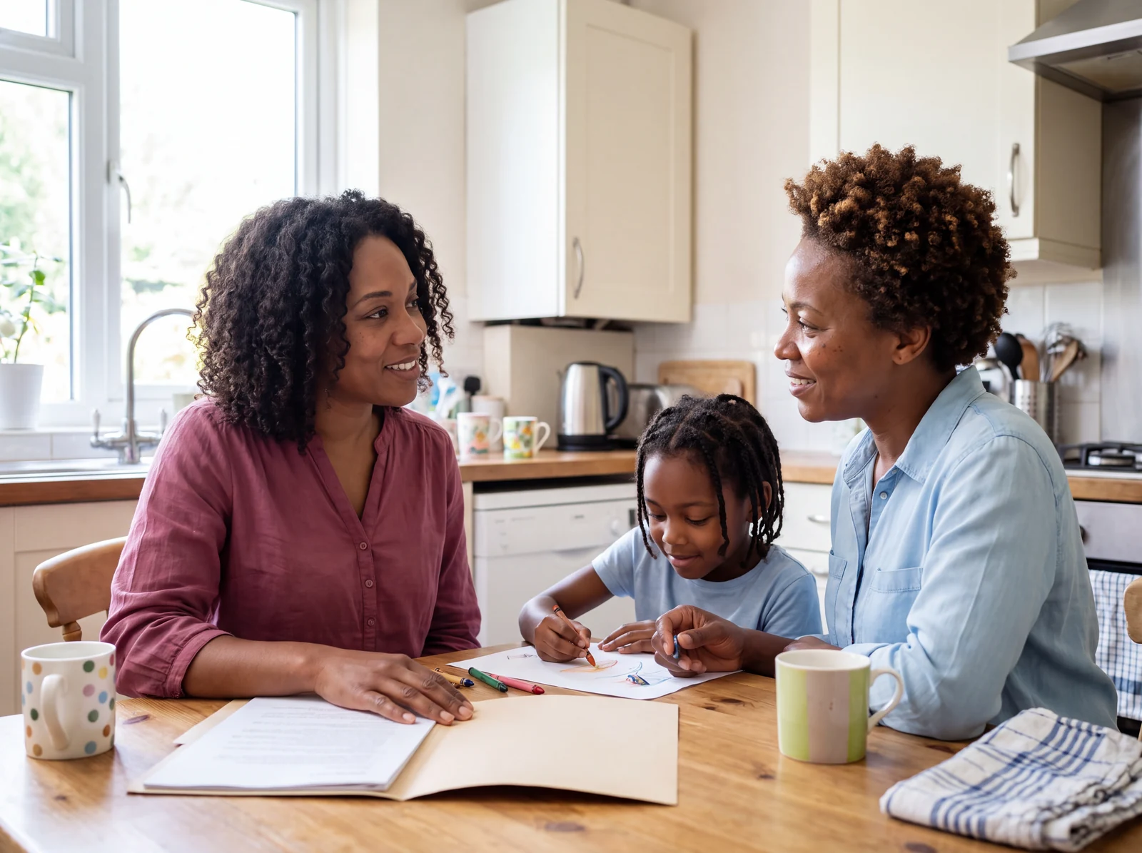 Two women talking at a kitchen table while a child draws beside them.