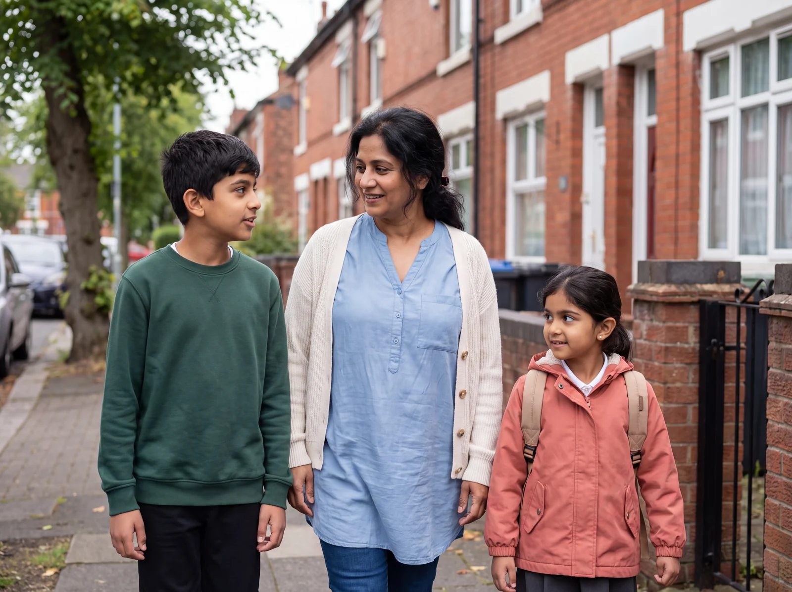 A woman and two children walking together along a residential street.