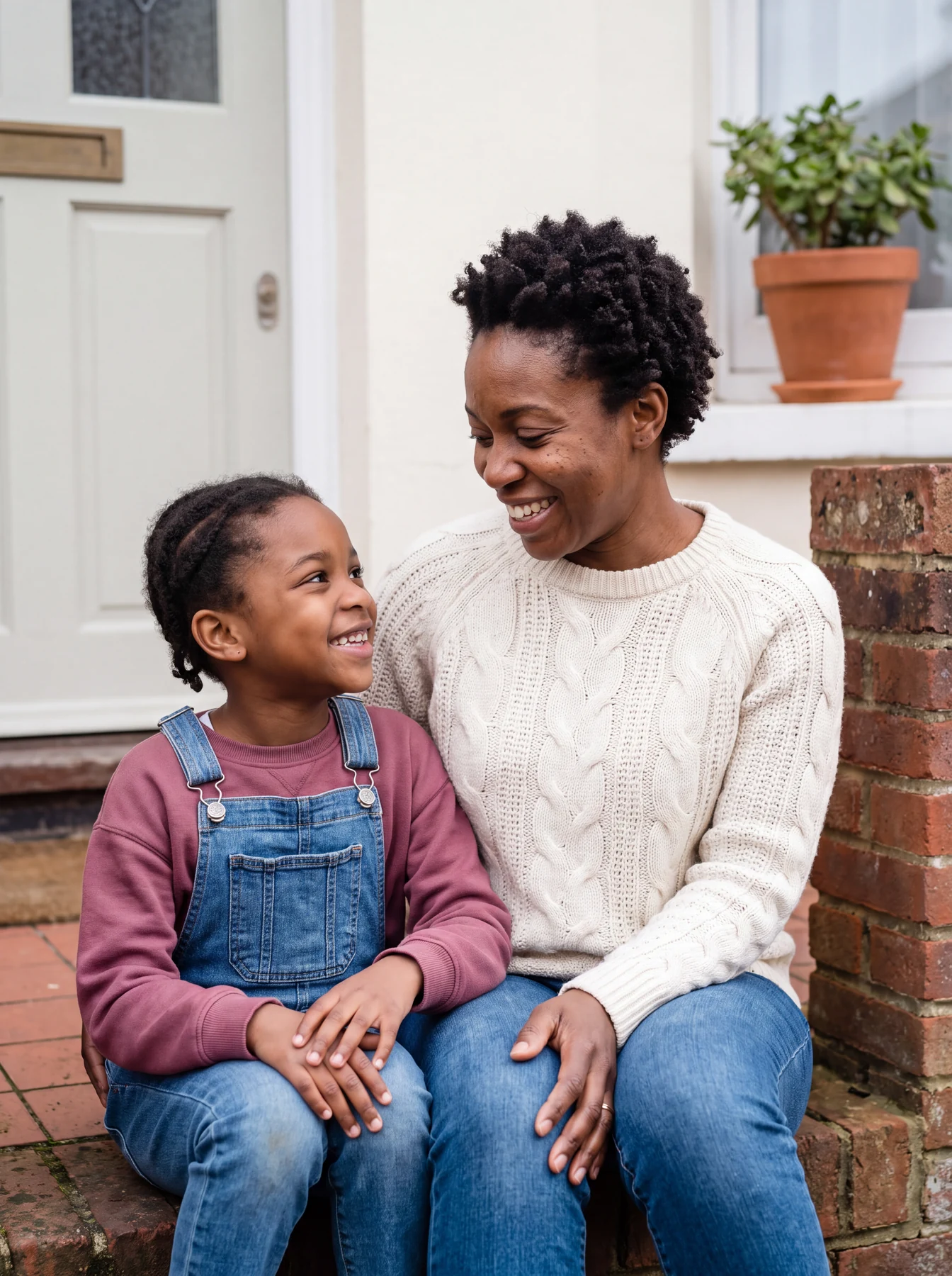 A woman and a girl sharing a laugh on the front step of a home.
