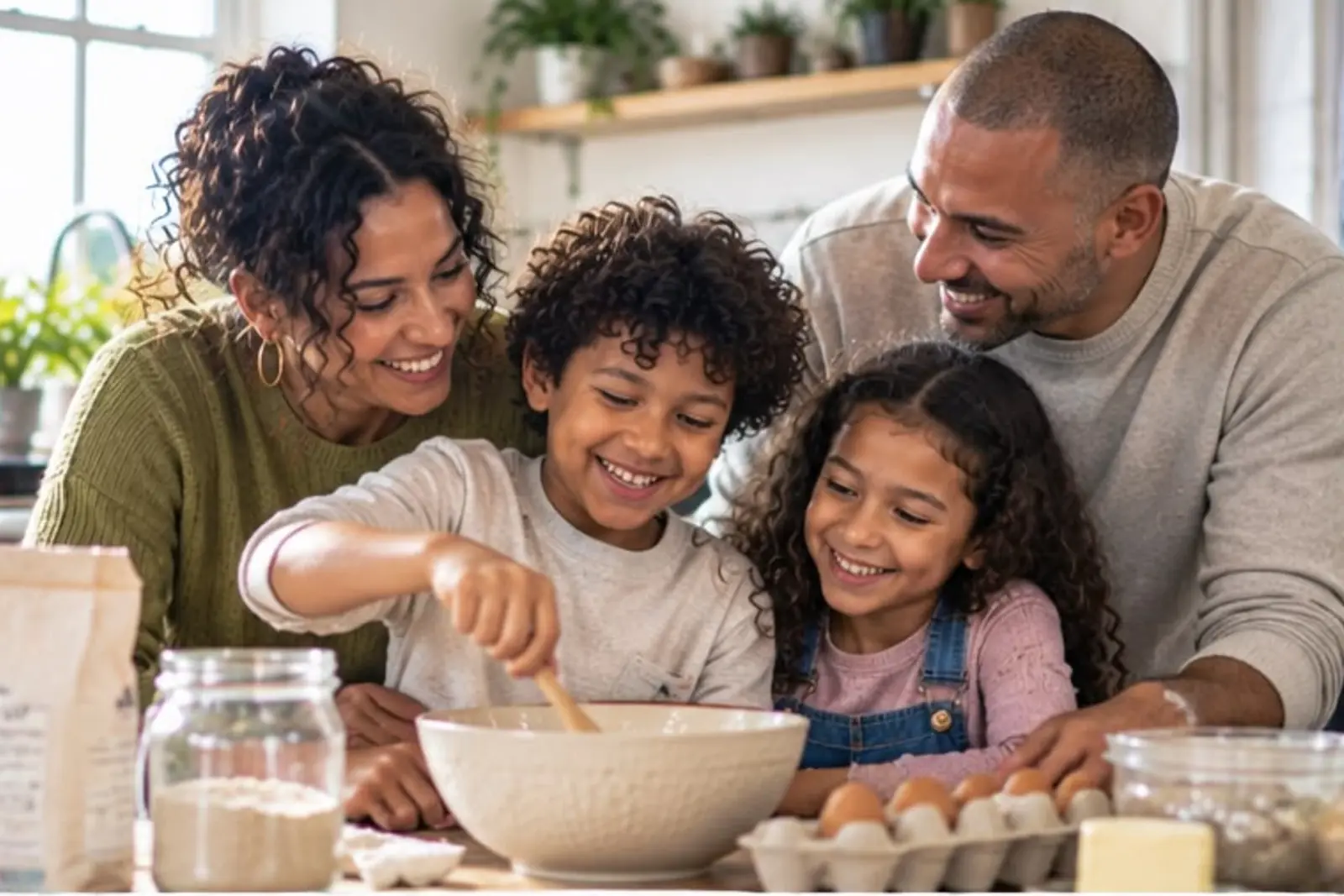 Two adults and two children baking together in a kitchen.