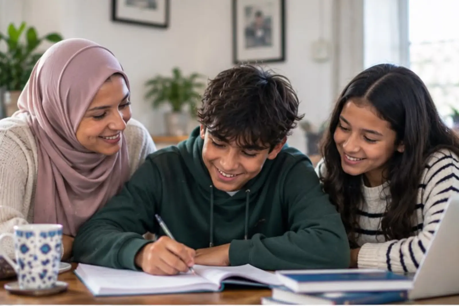A woman and two children learning together at a table.