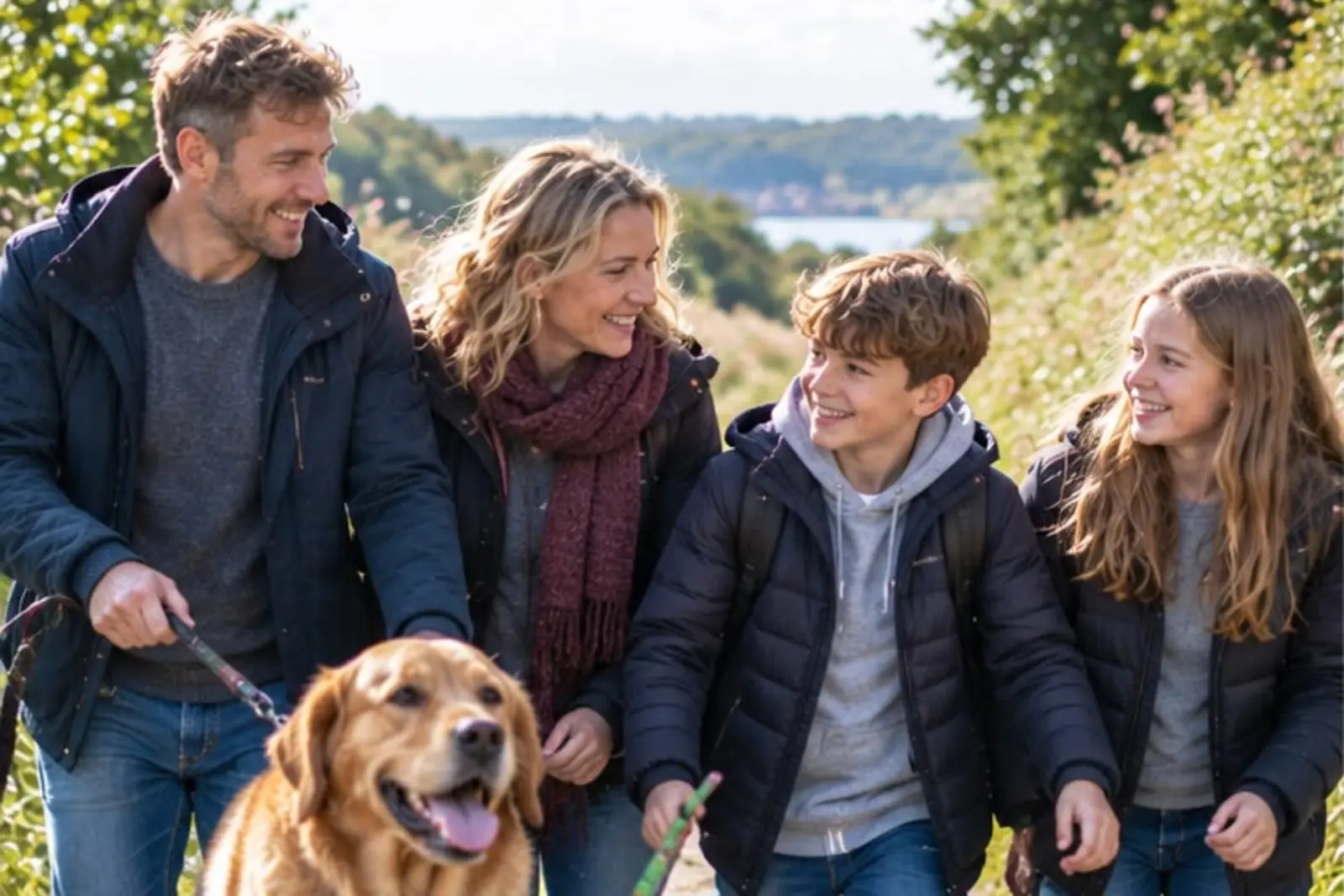 Two adults and two children walking a dog beside a lake.