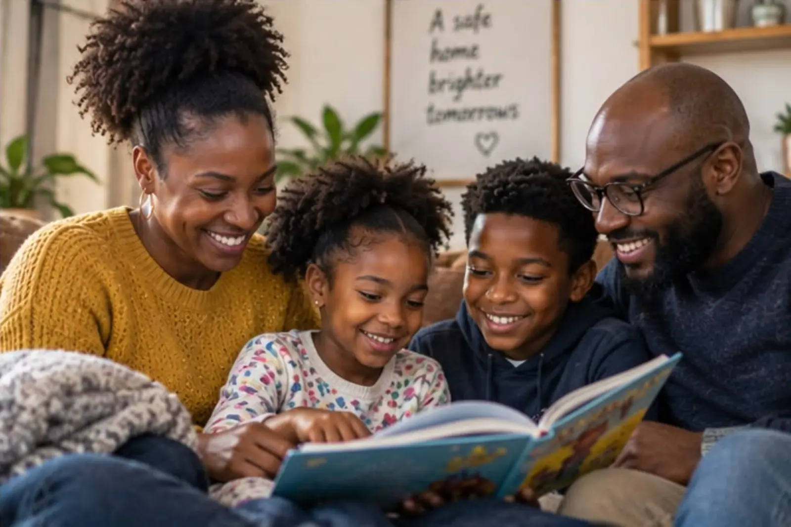 Two adults and two children sharing a book on the sofa.