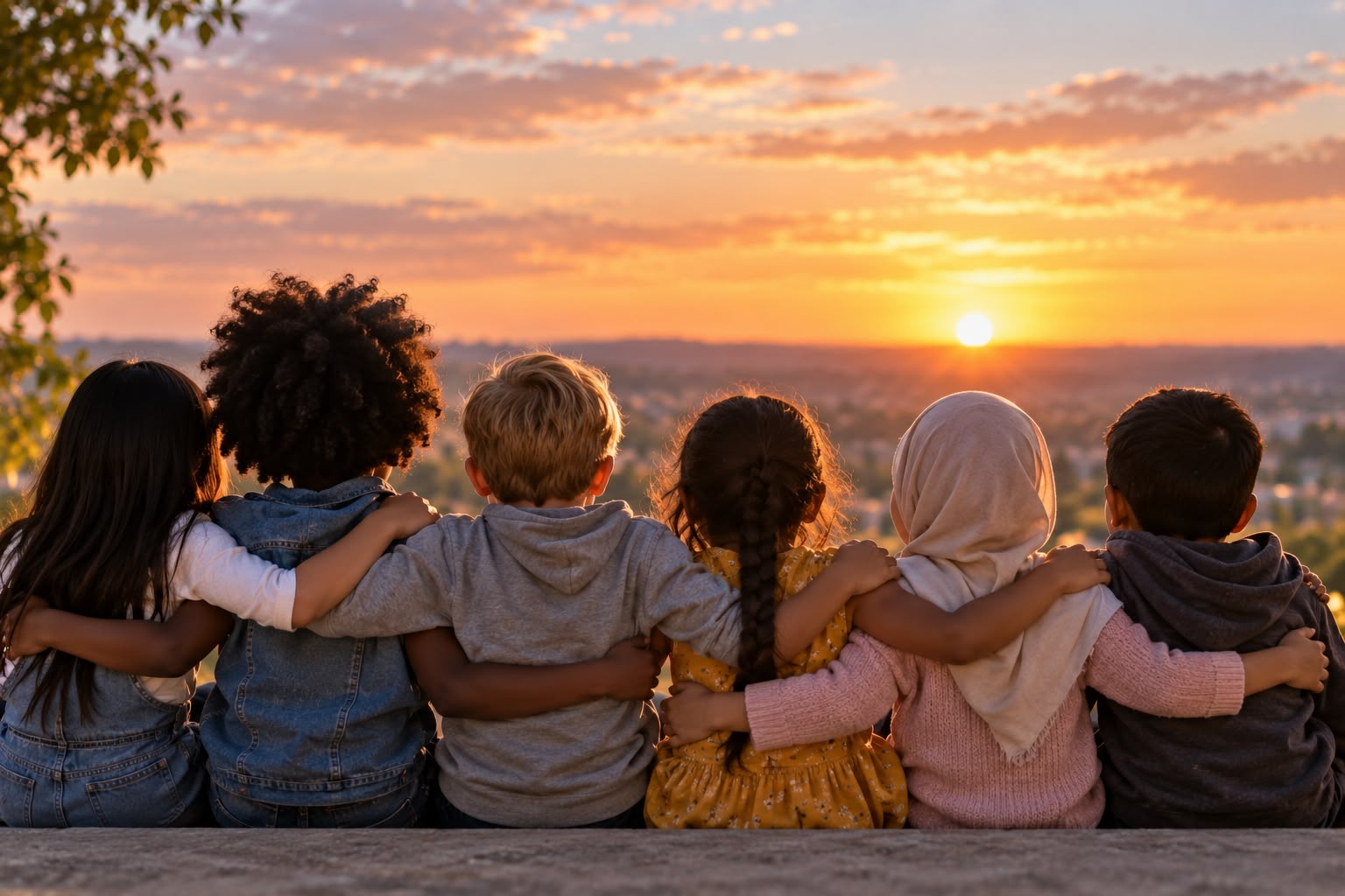Six children sitting together with their arms around each other, watching the sunset.